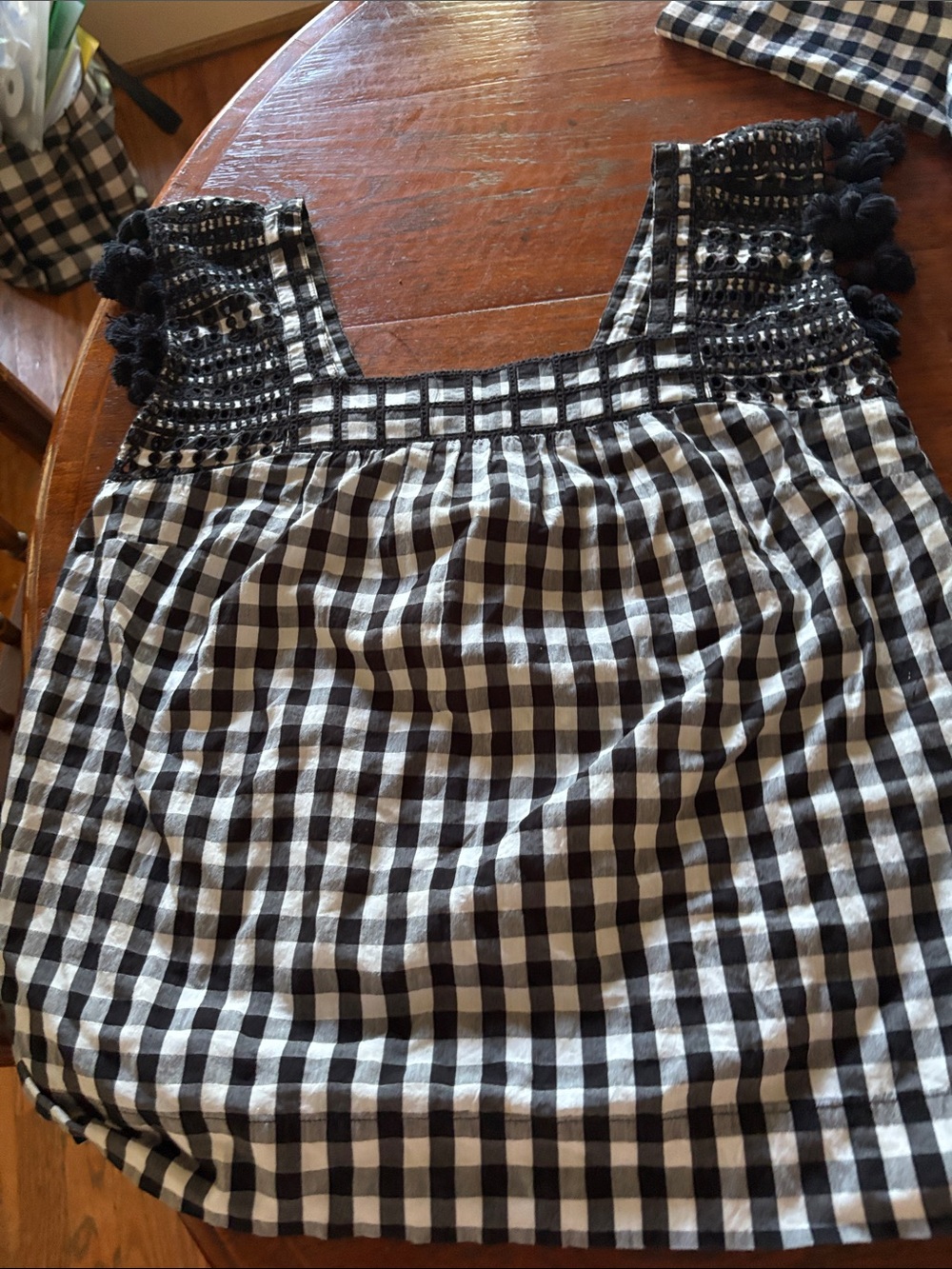 J. Crew Black and White Gingham Smocked Top